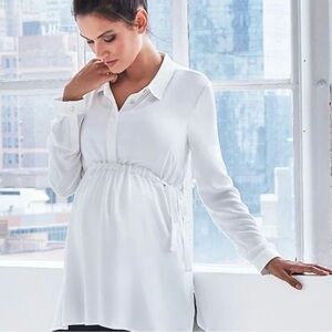 Seraphine The Work Edit White Long-Sleeve Tie-Waist Maternity Tunic Top Size 6
